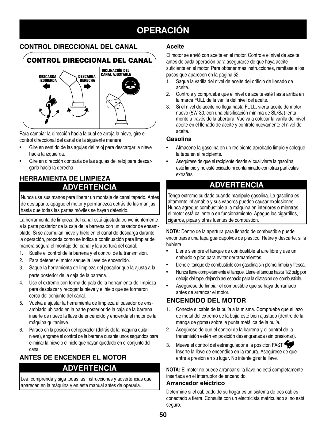 Craftsman 247.8819 Control direccional del canal, Herramienta de limpieza, Antes de encender el motor, Encendido del motor 