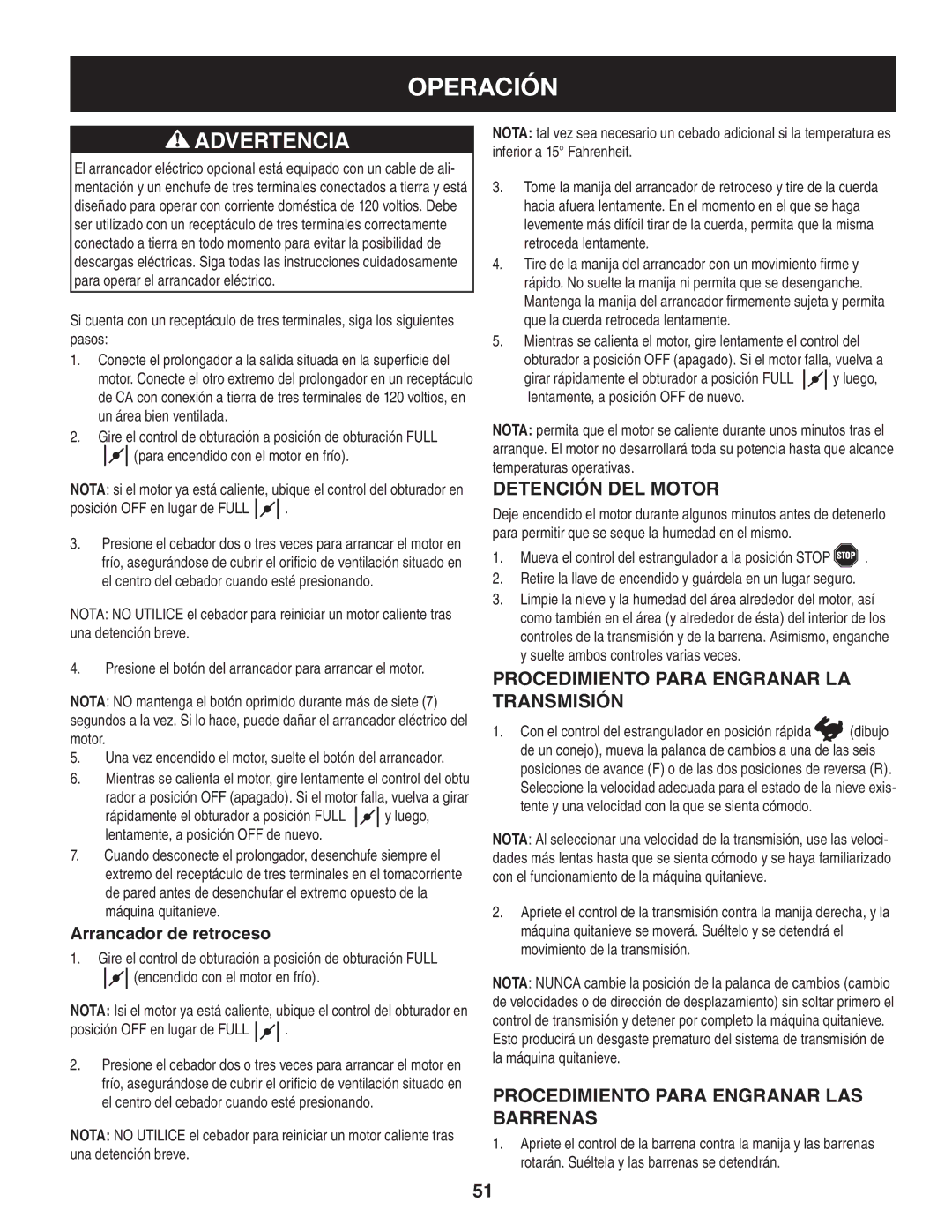 Craftsman 247.8819 Detención del motor, Procedimiento para engranar la transmisión, Arrancador de retroceso 