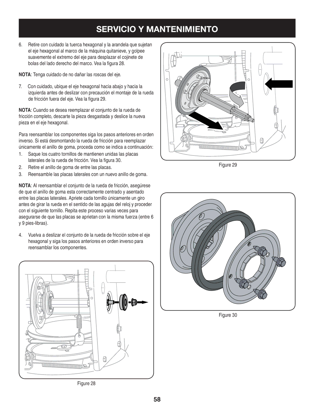 Craftsman 247.8819 operating instructions Nota Tenga cuidado de no dañar las roscas del eje 