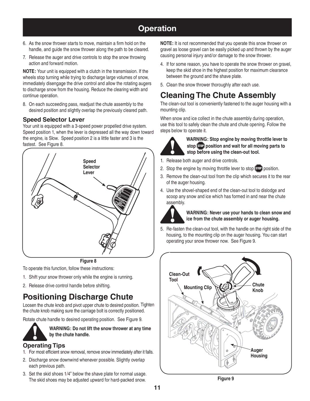 Craftsman 247.88455.1 Cleaning The Chute Assembly, Positioning Discharge Chute, Speed Selector Lever, Operating Tips 