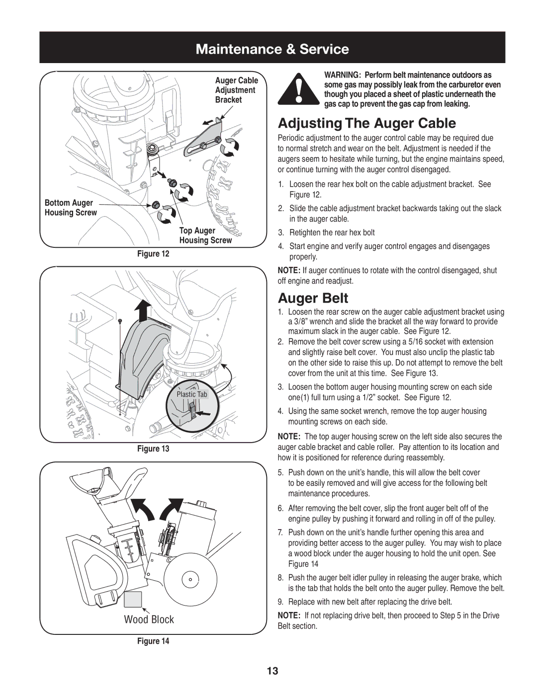 Craftsman 247.88455.1 Adjusting The Auger Cable, Auger Belt, Auger Cable Adjustment Bracket Top Auger Housing Screw 