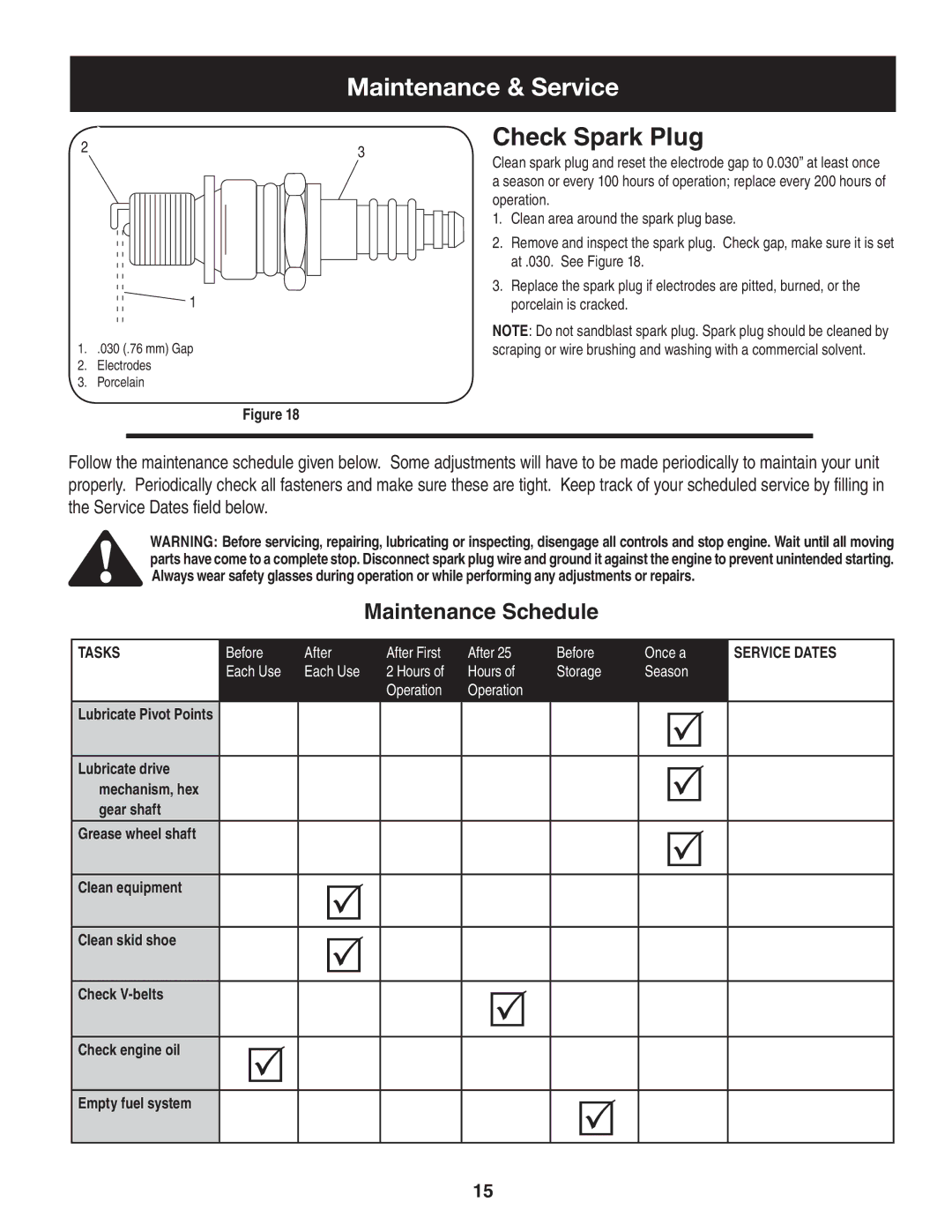 Craftsman 247.88455.1 operating instructions Check Spark Plug, Maintenance Schedule 