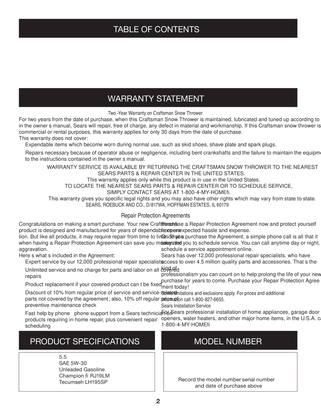 Craftsman 247.88455.1 operating instructions Table of Contents, Warranty Statement, Product Specifications, Model Number 