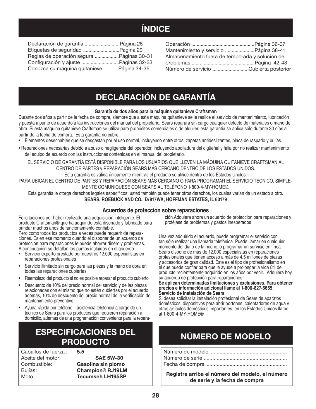 Craftsman 247.88455.1 Índice, Declaración DE Garantía, Especificaciones DEL Producto, Número DE Modelo 