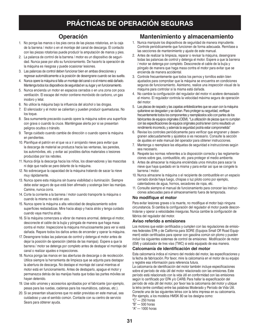 Craftsman 247.88455.1 Operación, No modifique el motor, Aviso referido a emisiones, Calcomanía de identificación del motor 