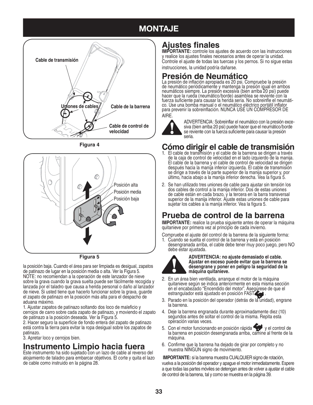 Craftsman 247.88455.1 operating instructions Ajustes finales, Presión de Neumático, Instrumento Limpio hacia fuera 