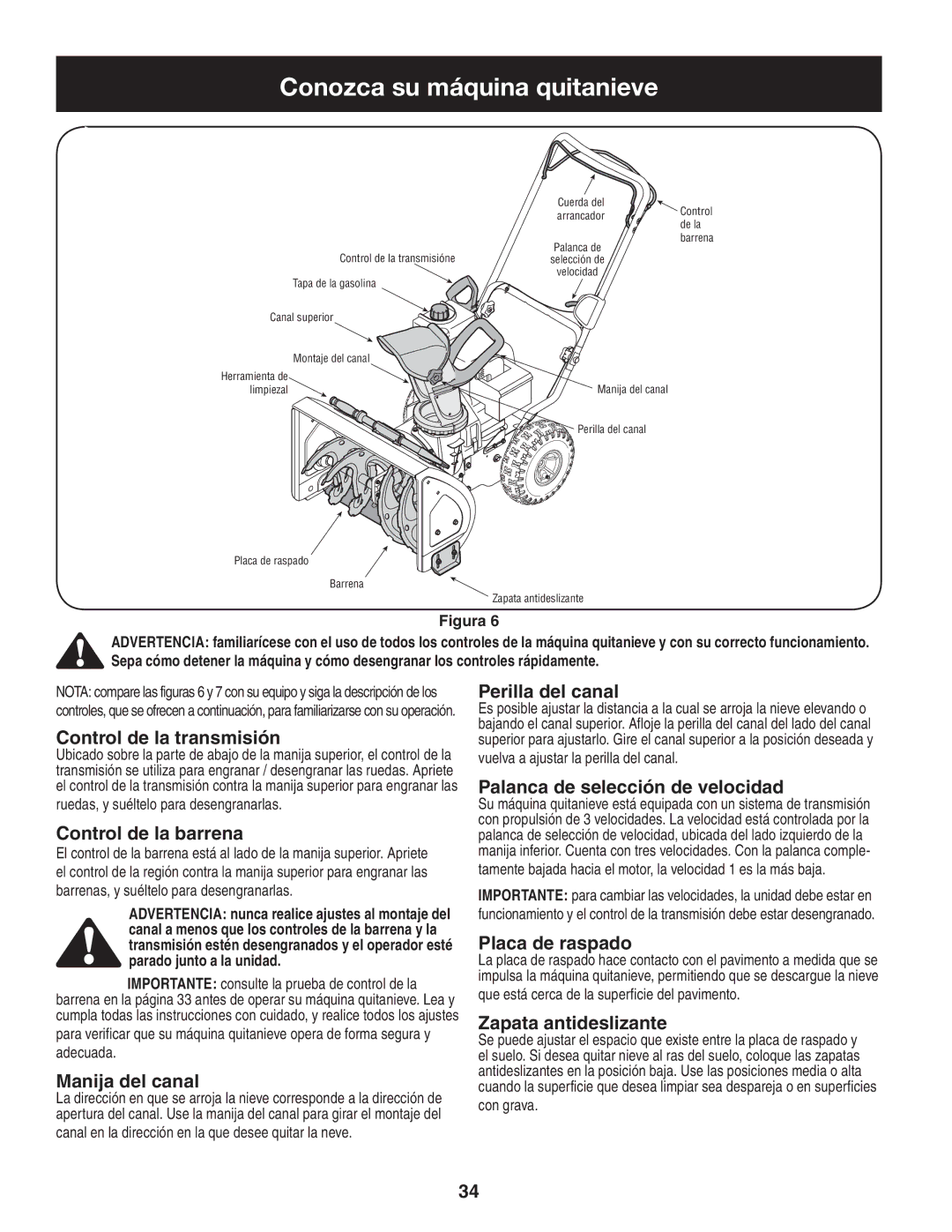 Craftsman 247.88455.1 operating instructions Conozca su máquina quitanieve 