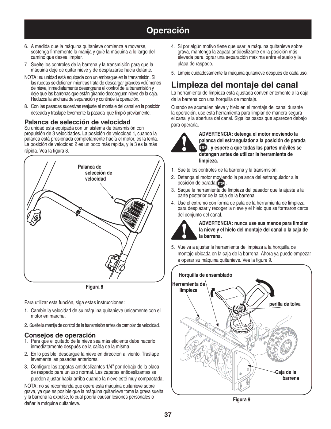 Craftsman 247.88455.1 Limpieza del montaje del canal, Consejos de operación, Horquilla de ensamblado, Perilla de tolva 