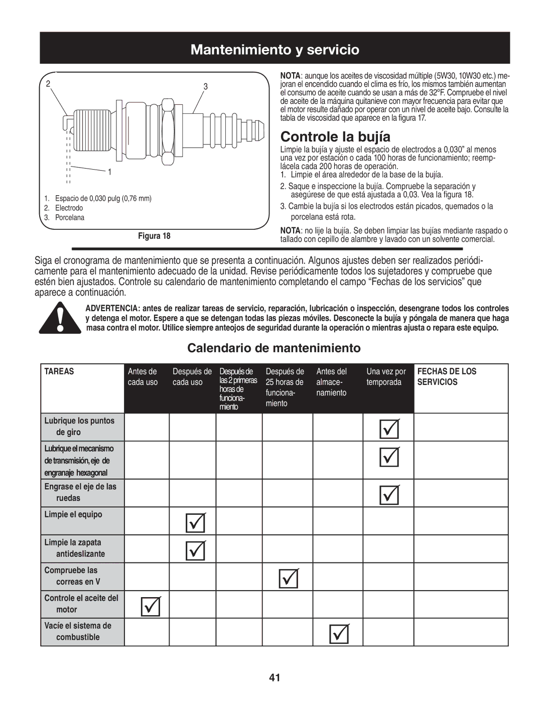 Craftsman 247.88455.1 Controle la bujía, Calendario de mantenimiento, Tabla de viscosidad que aparece en la figura 