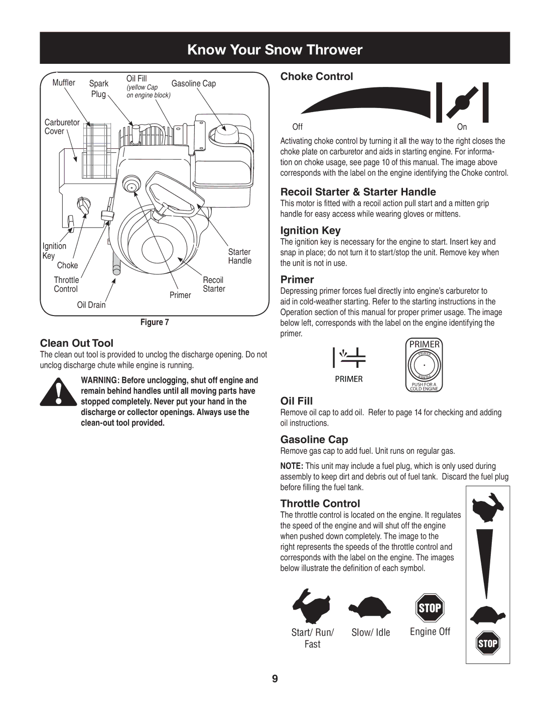 Craftsman 247.88455.1 Clean Out Tool, Choke Control, Recoil Starter & Starter Handle, Ignition Key, Primer, Oil Fill 