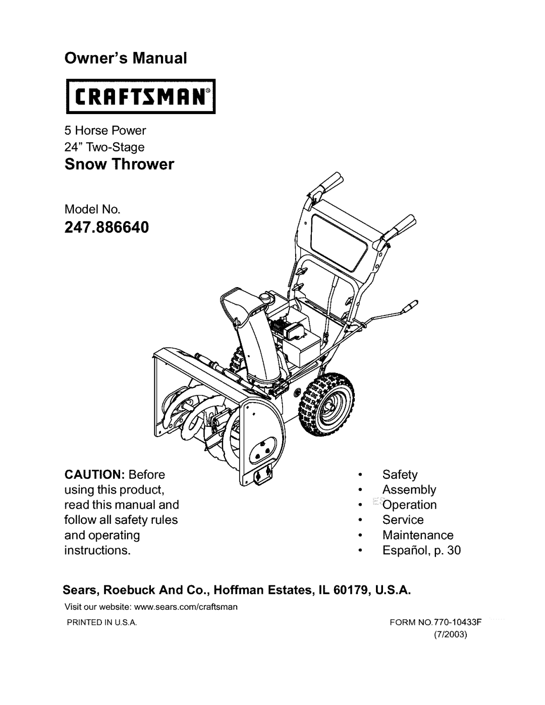 Craftsman 247.88664 owner manual Horse Power Two-Stage, Model No, Safety 