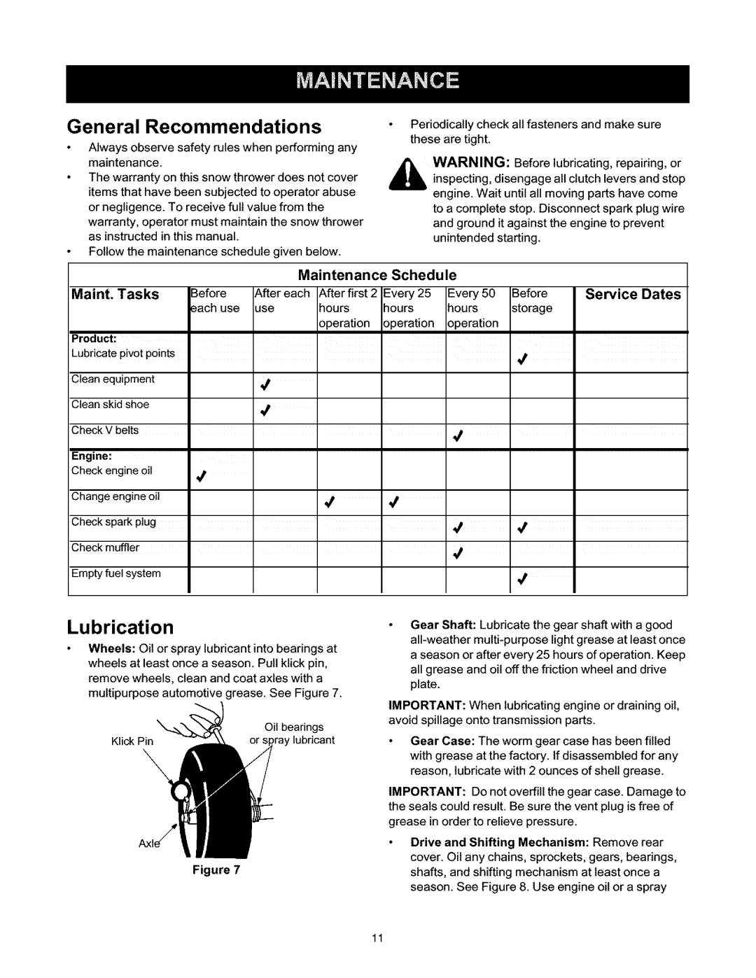 Craftsman 247.88664 owner manual General Recommendations, Lubrication, Maintenance Tasks, Schedule, Product 