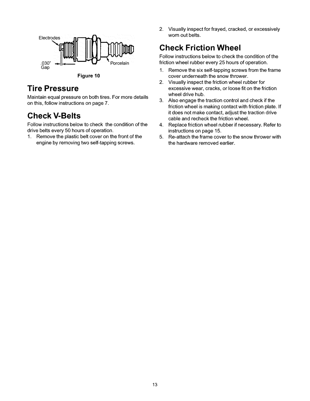 Craftsman 247.88664 owner manual Tire Pressure, Check V-Belts, Check Friction Wheel 