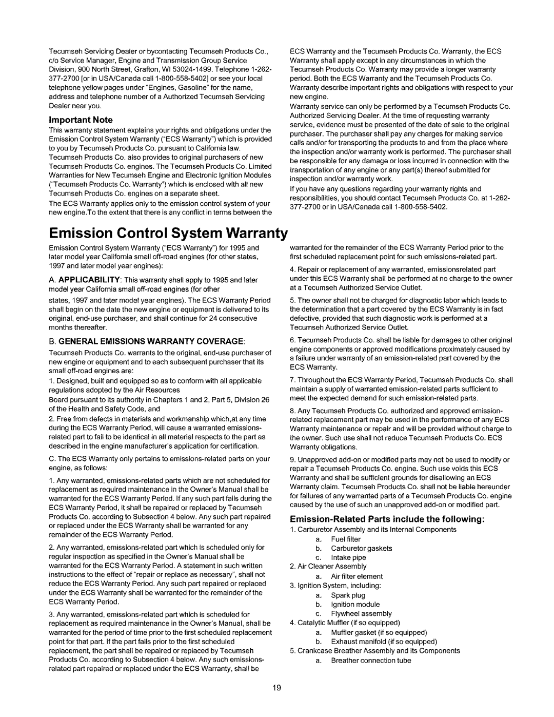 Craftsman 247.88664 owner manual Emission Control System Warranty, Important Note 