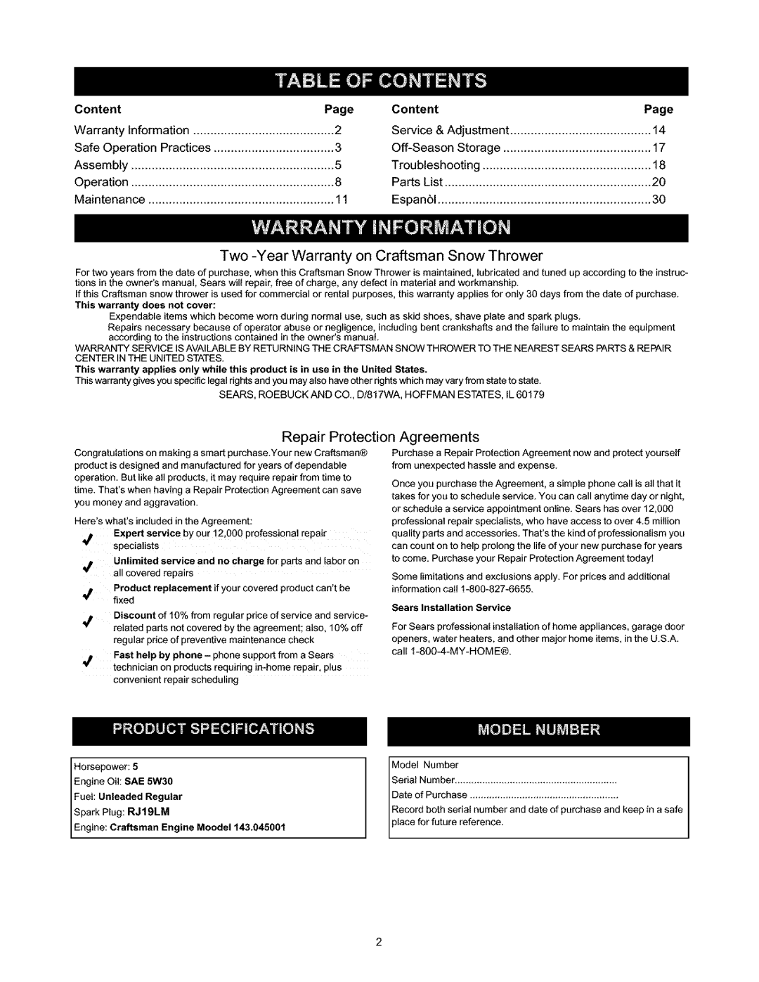 Craftsman 247.88664 owner manual Two -Year Warranty on Craftsman Snow Thrower, Content 