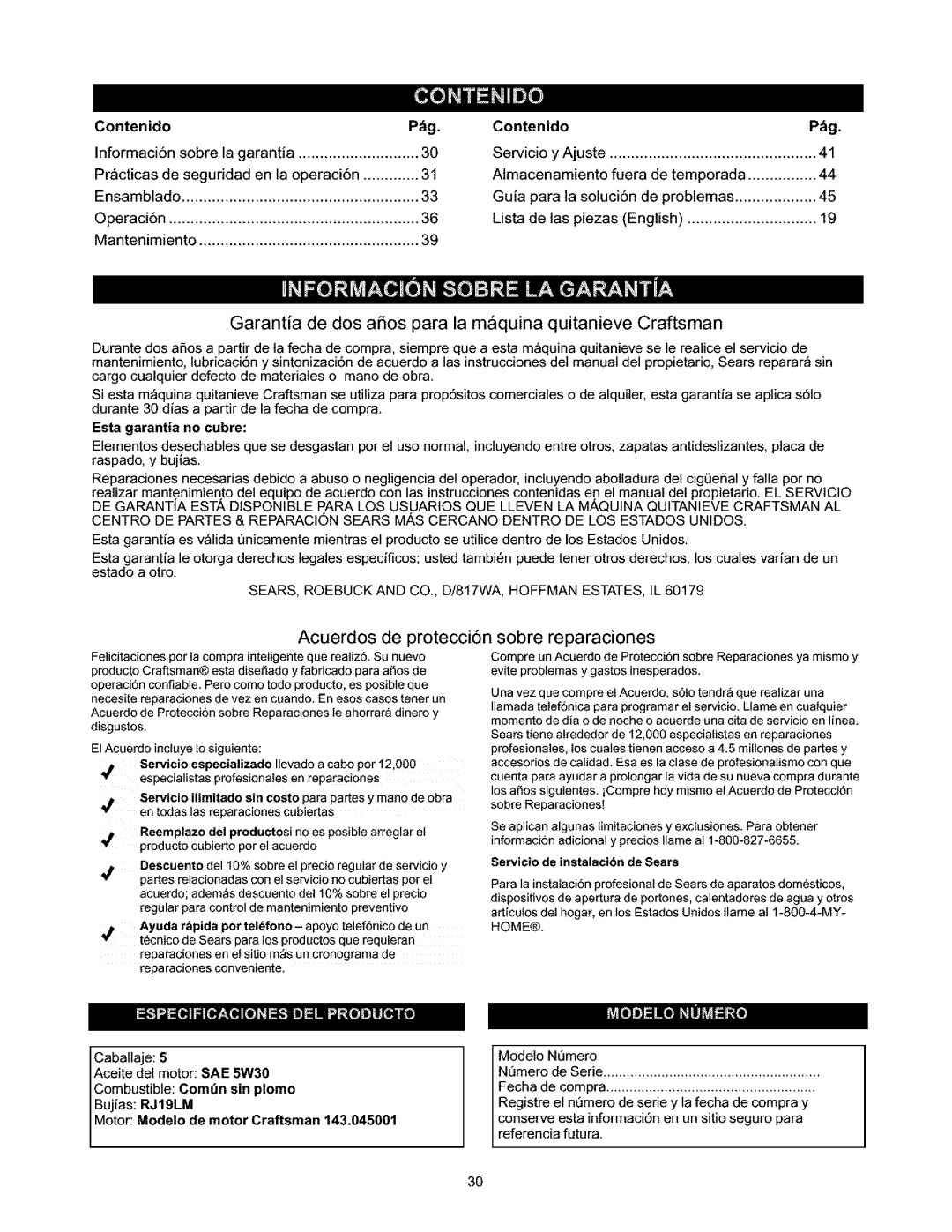 Craftsman 247.88664 owner manual Contenido, Esta garantia no cubre, Motor Mode o de motor Craftsman 