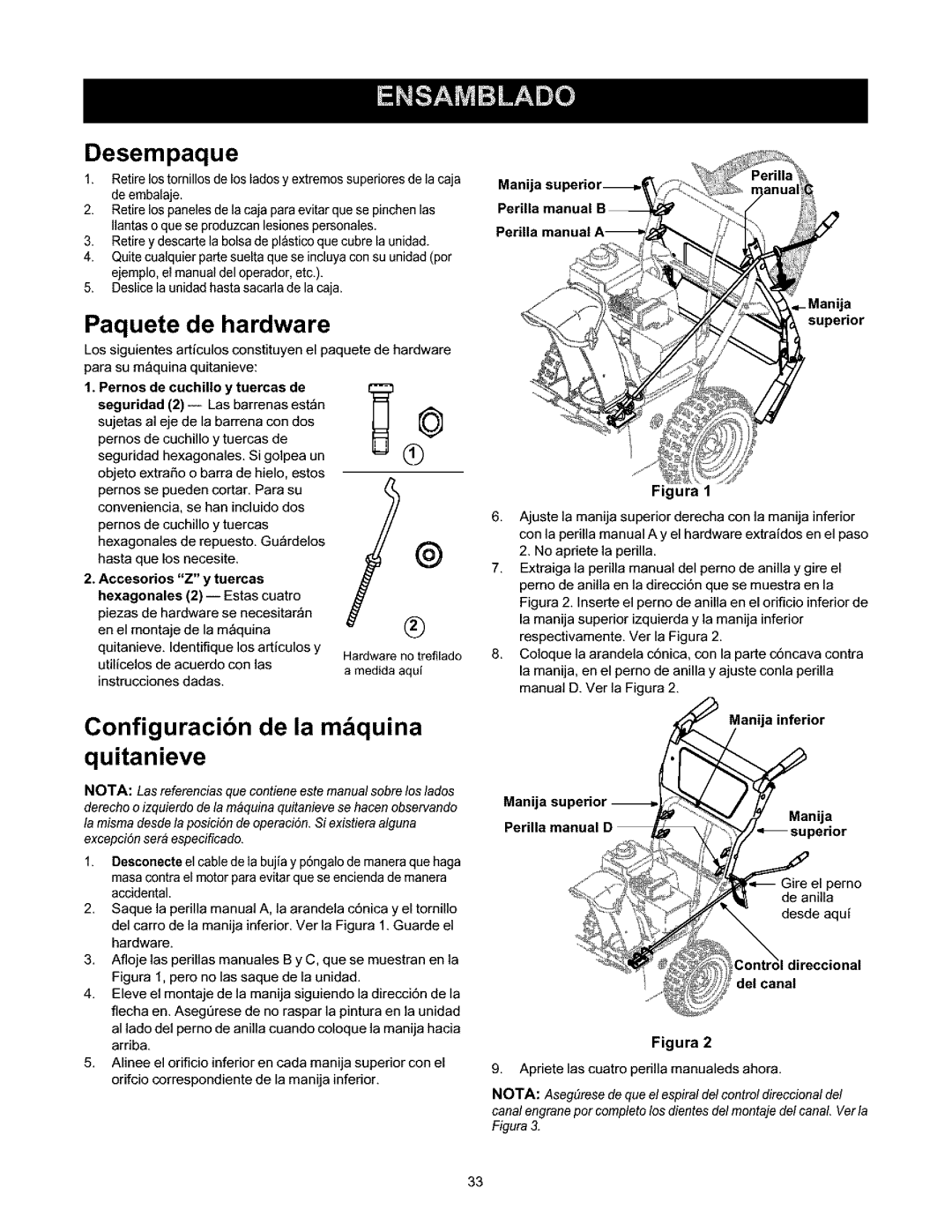 Craftsman 247.88664 owner manual Desempaque, Paquete de hardware, Configuracibn de la mbquina quitanieve 