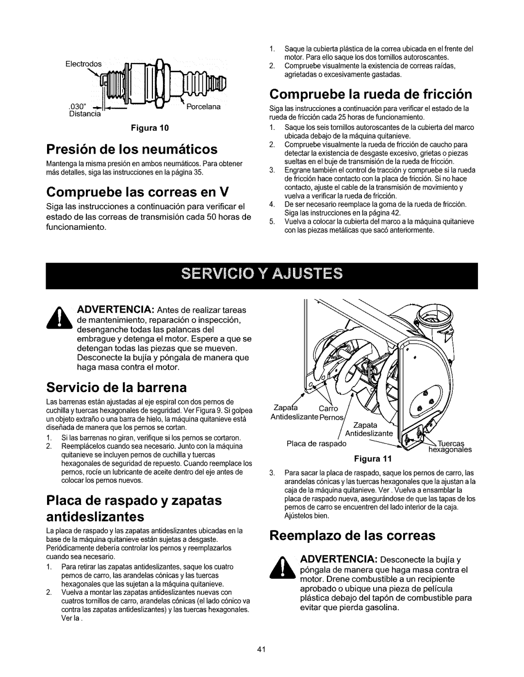 Craftsman 247.88664 owner manual Presibn de los neum ticos, Compruebe las correas en, Compruebe la rueda de friccibn 