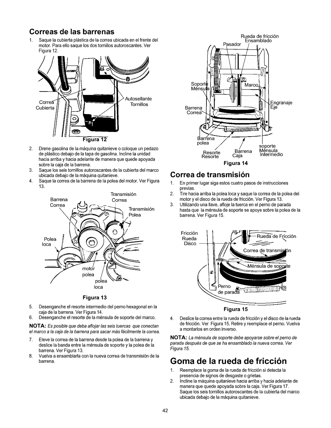 Craftsman 247.88664 owner manual Goma de la rueda de friccibn, Correas de las barrenas, Correa de transmisibn 