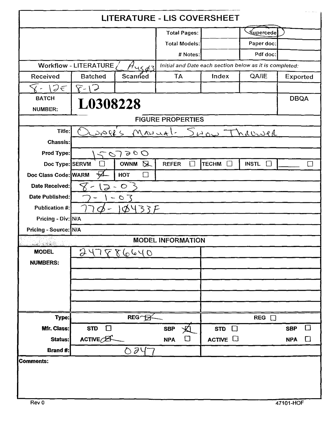 Craftsman 247.88664 Pages Total Models Paper doc # Notes, Prod Type DocType, Doc Class Code, Date Received Date Published 