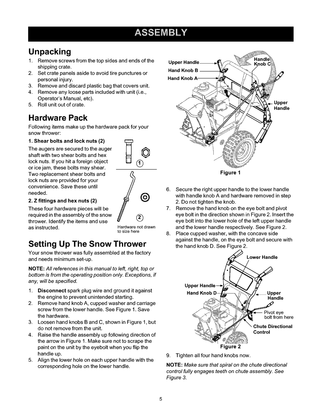 Craftsman 247.88664 owner manual Unpacking, Hardware Pack, Setting Up The Snow Thrower, Shear bolts and lock nuts 