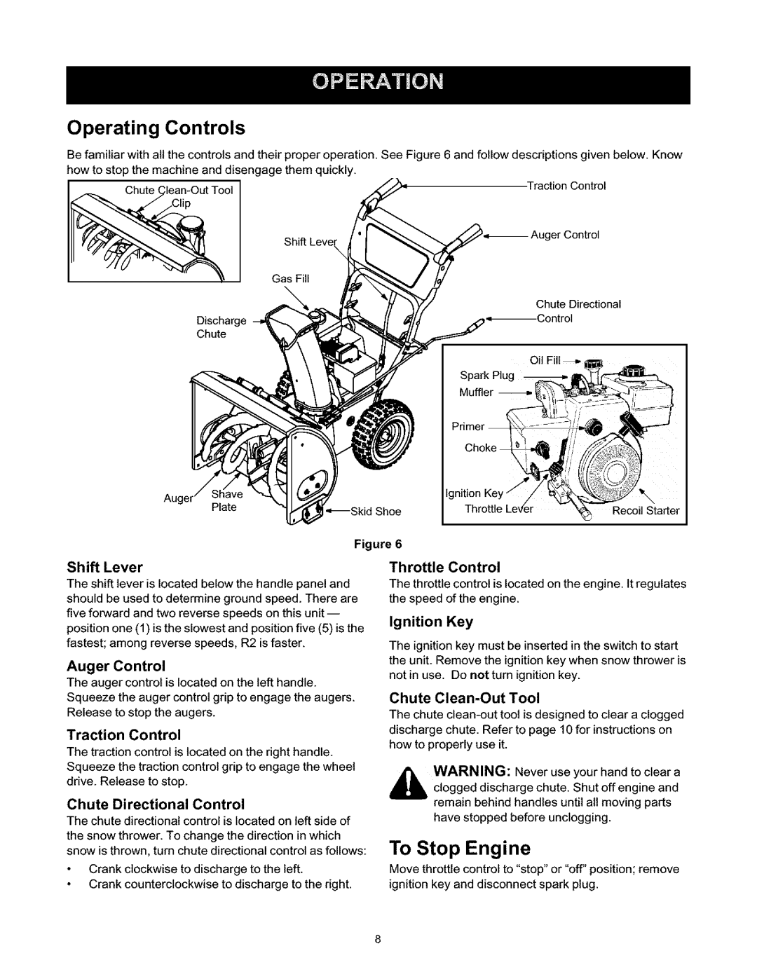 Craftsman 247.88664 owner manual Operating Controls, To Stop Engine 