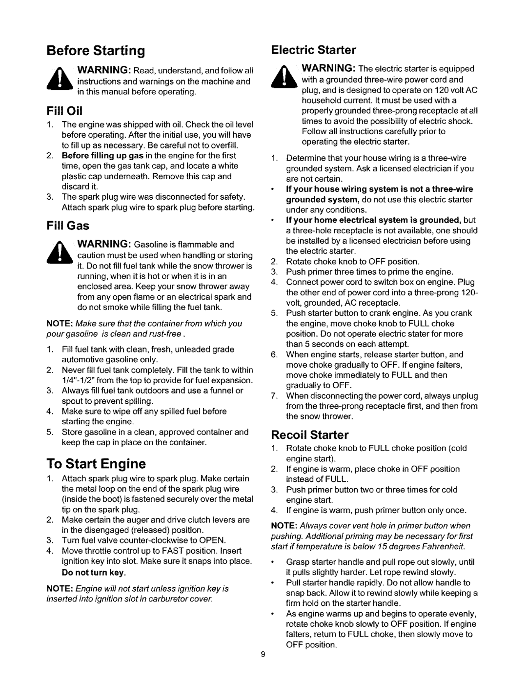 Craftsman 247.88664 owner manual Before Starting, To Start Engine 