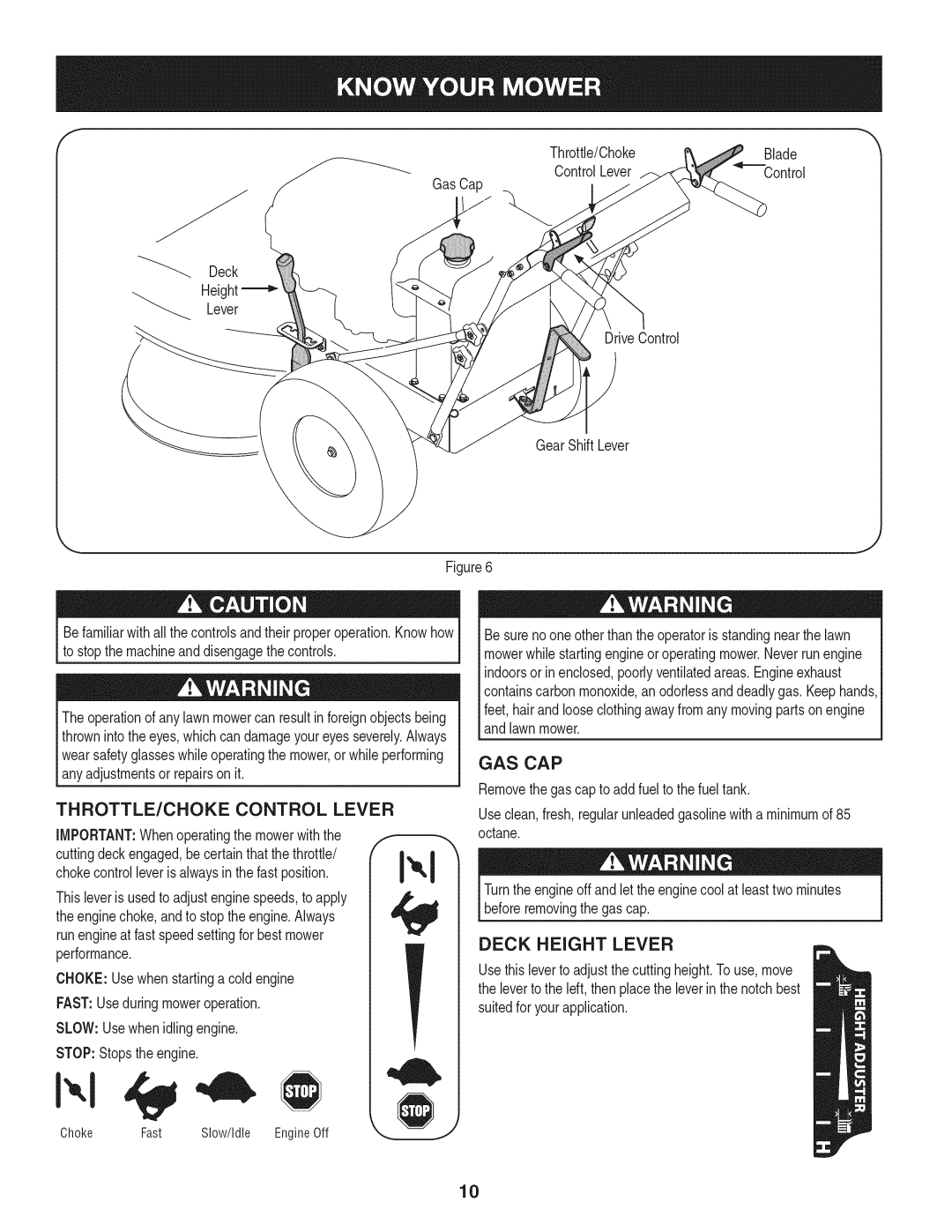 Craftsman 247.887330 manual THROTTLE/CHOKE Control Lever, Gas Cap, Deck Height Lever 