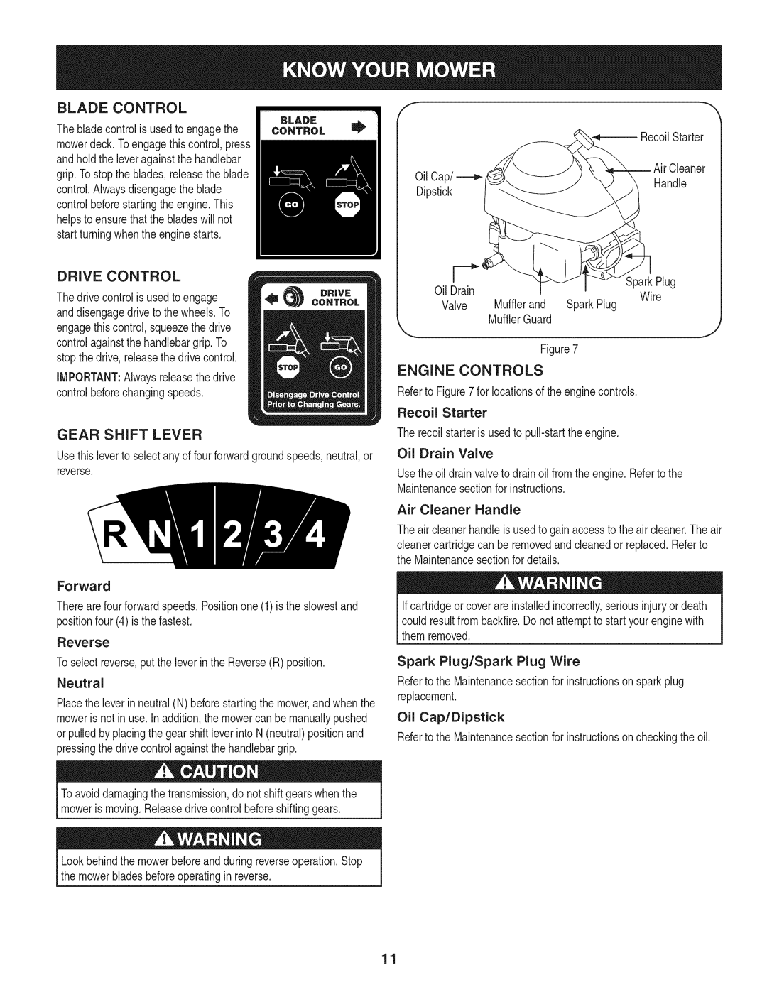 Craftsman 247.887330 manual Drive Control, Gear Shift Lever, Engine Controls, Spark Plug/Spark Plug Wire 