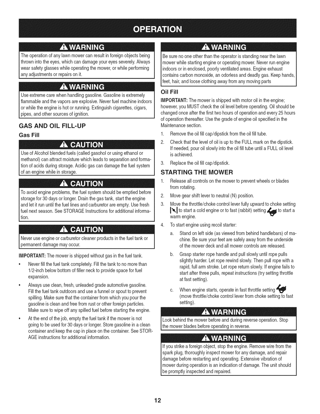 Craftsman 247.887330 manual GAS and OIL FILL-UP, Starting the Mower, Gas Fill 