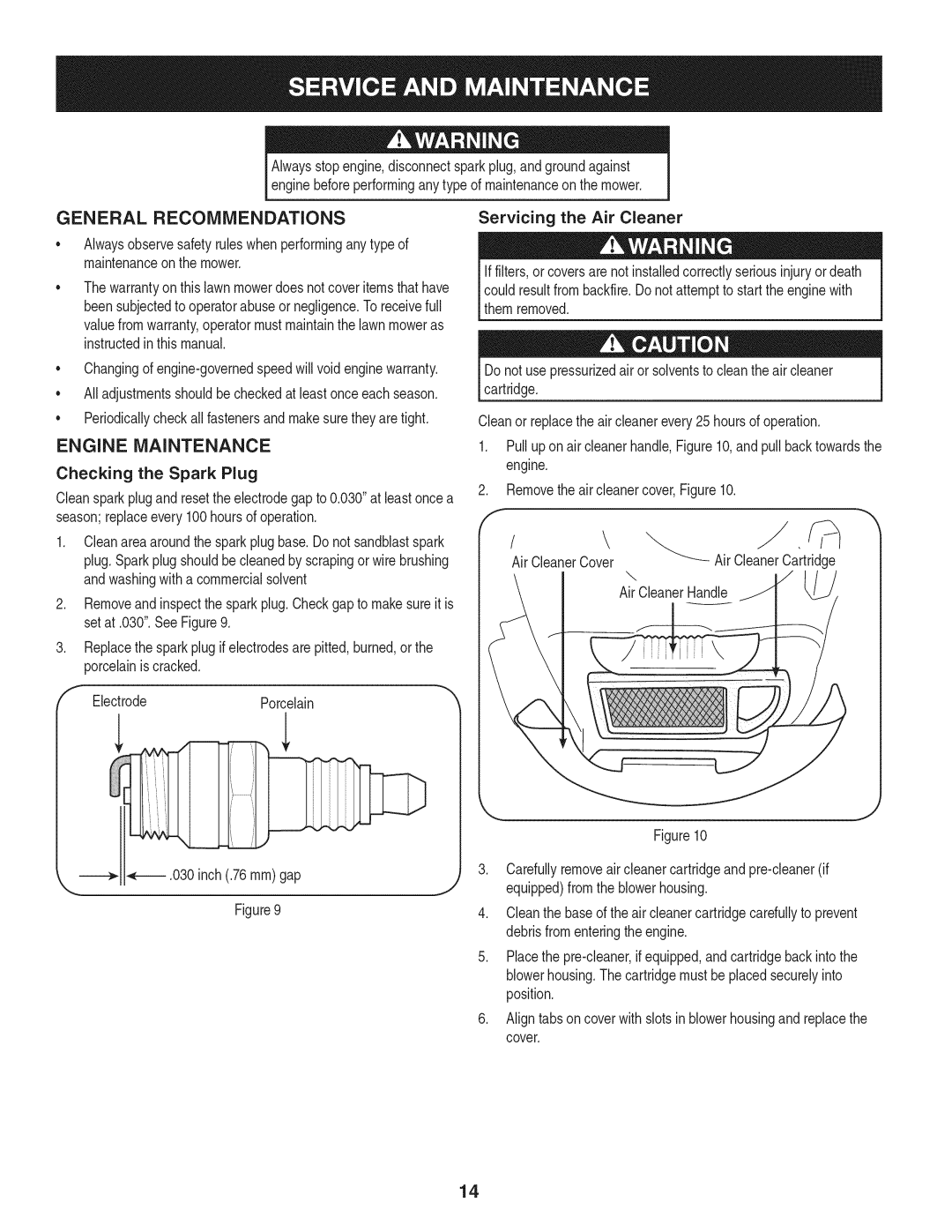 Craftsman 247.887330 manual General Recommendations, Engine Maintenance 