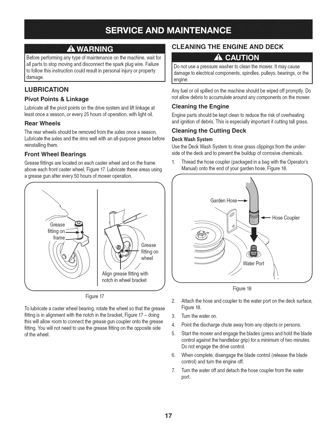 Craftsman 247.887330 manual Lubrication, Cleaning the Engine and Deck, Pivot Points & Linkage, Cleaning the Cutting Deck 