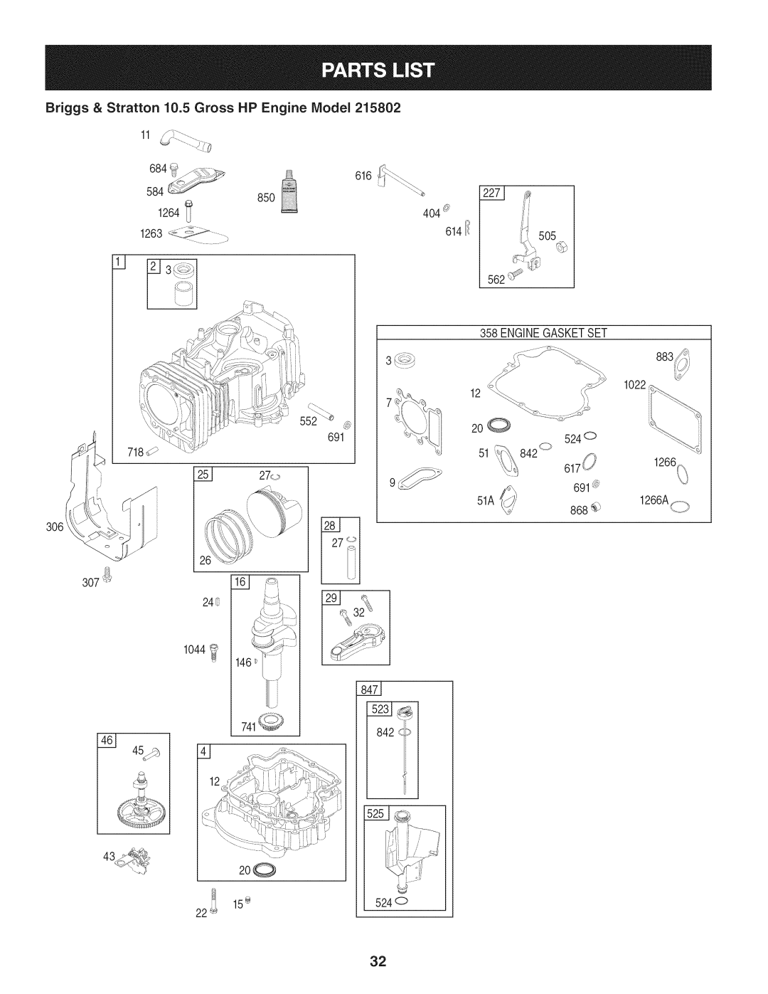 Craftsman 247.887330 manual Briggs & Stratton 10.5 Gross HP Engine IViodel 684 f&%, 4O4, 562, 307 j 24? 1044 741, 524, 51A 