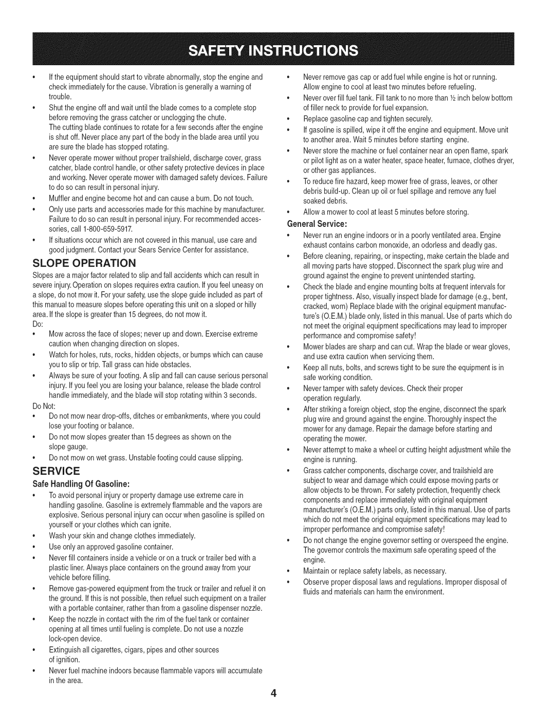 Craftsman 247.887330 manual Slope Operation, Service 