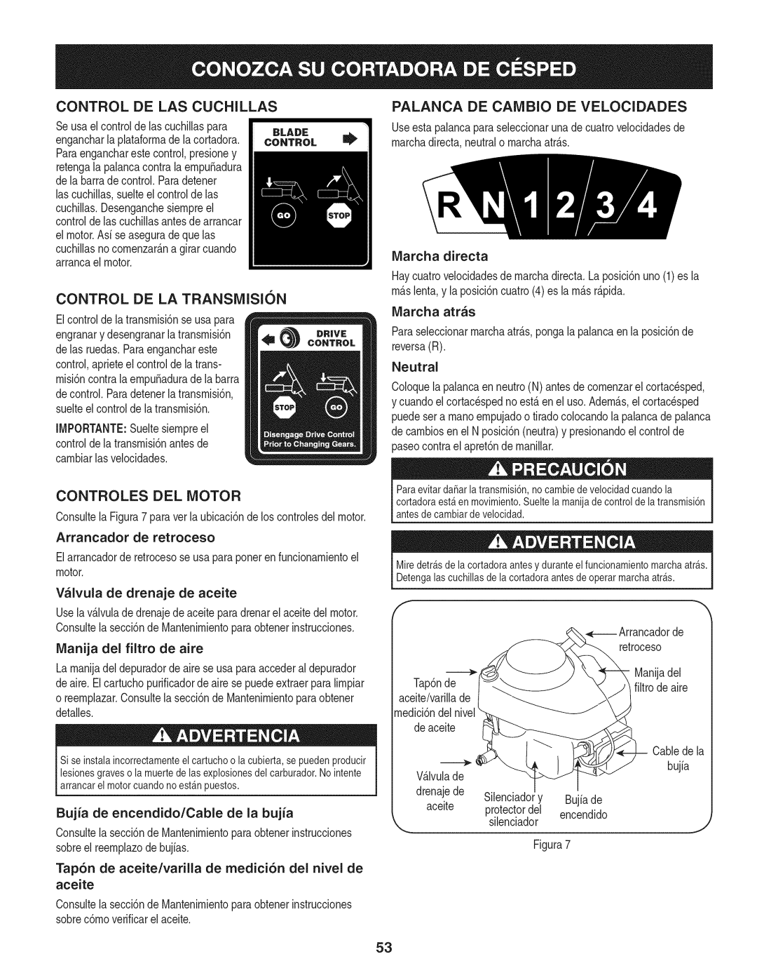 Craftsman 247.887330 manual Control DE LA Transmision, Controles DEL Motor, Palanca DE Cambio DE Velocidades 