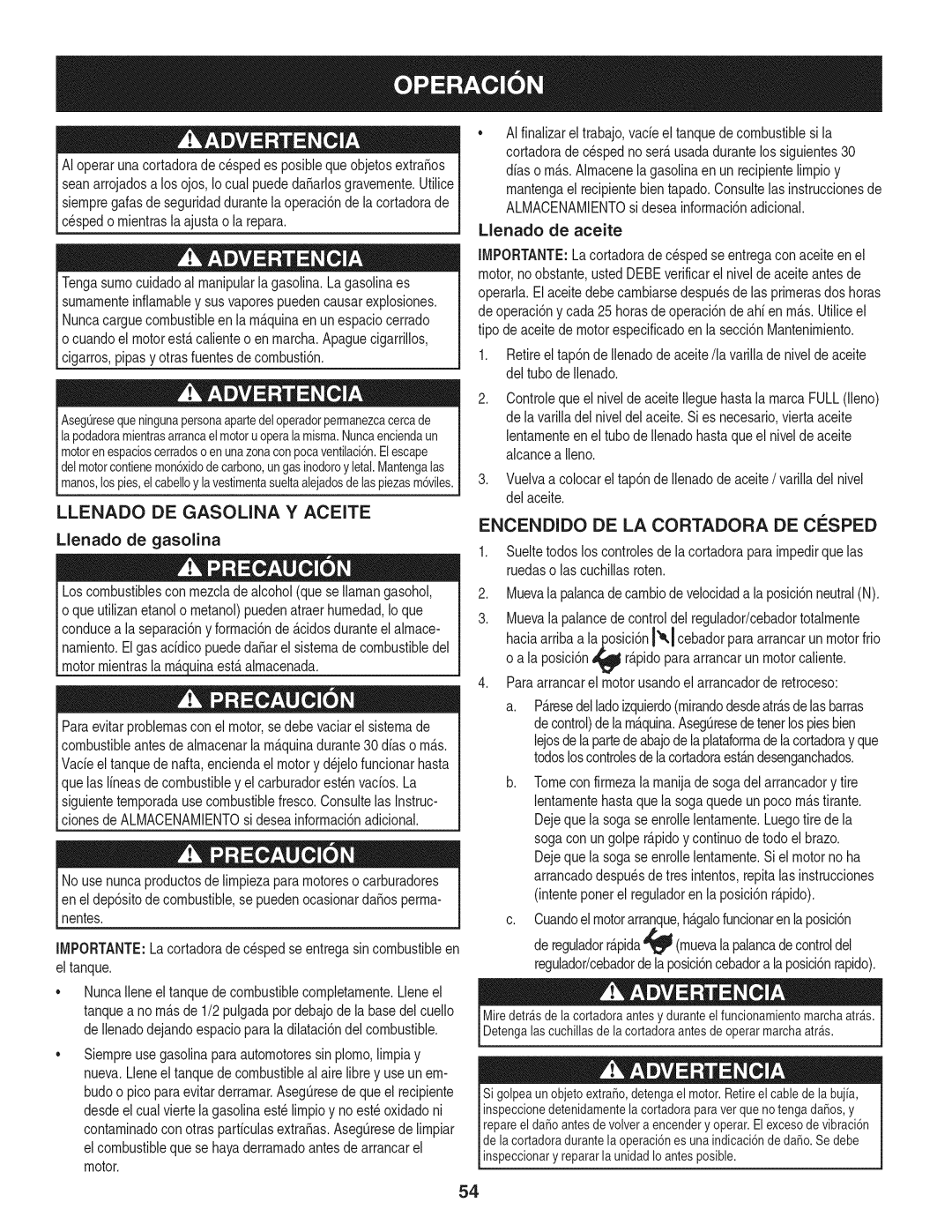 Craftsman 247.887330 manual Llenado DE Gasolina Y Aceite, Llenado de gasolina, Llenado de aceite 