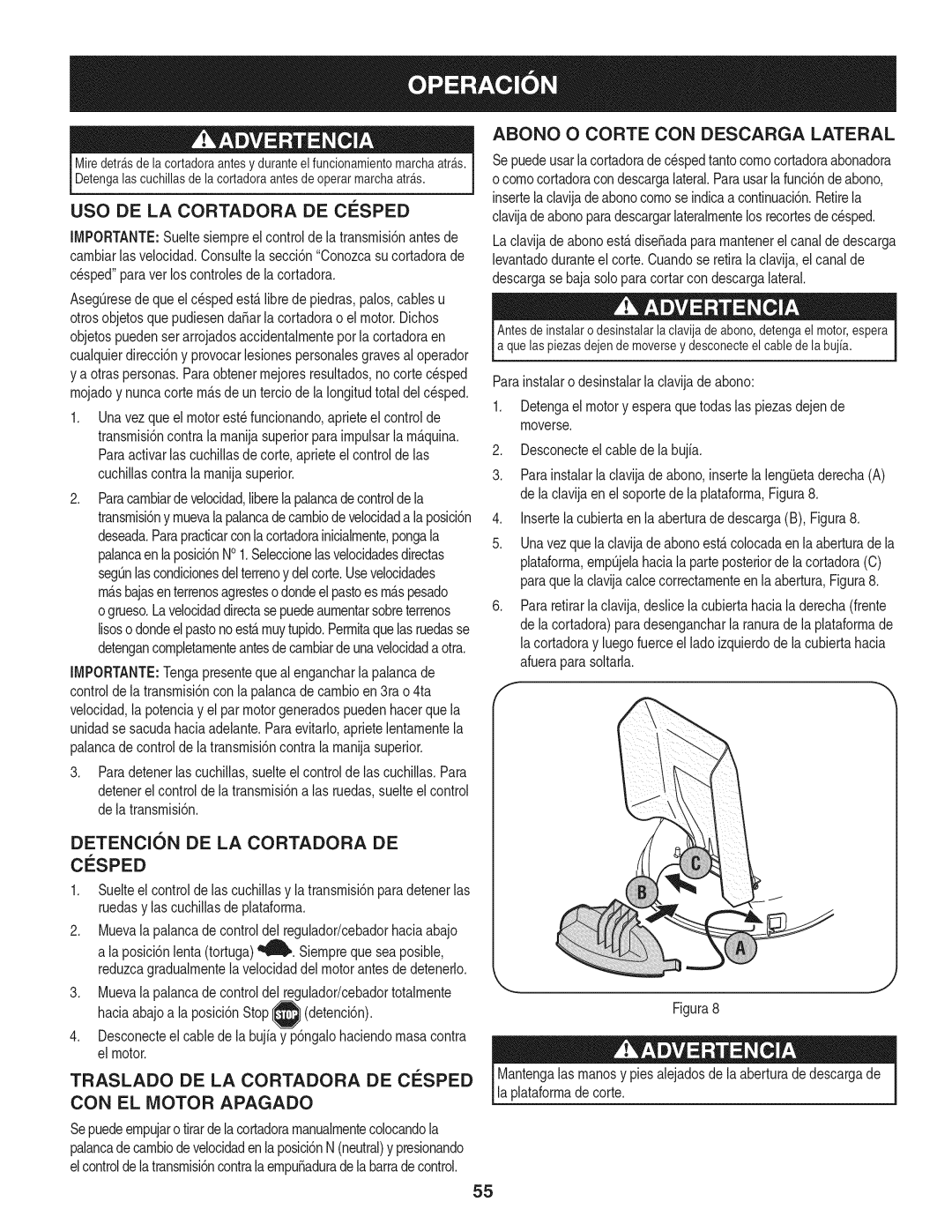 Craftsman 247.887330 USO DE LA Cortadora DE Cesped, Abono O Corte CON Descarga Lateral, Traslado DE LA Cortadora DE Cesped 