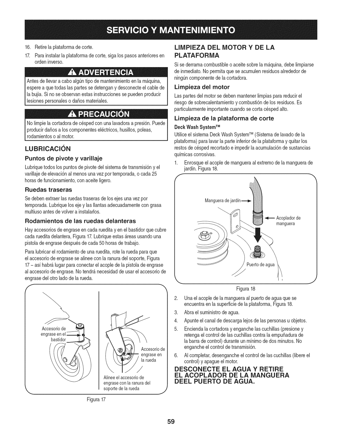 Craftsman 247.887330 Lubricacion, Limpieza DEL Motor Y DE LA Plataforma, Puntos de pivote y varillaje, Limpieza del motor 