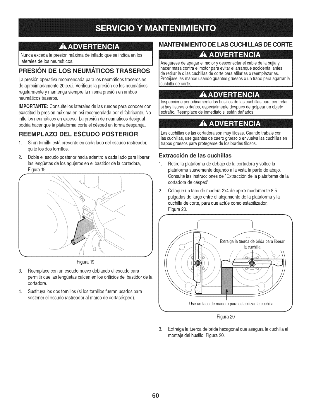 Craftsman 247.887330 manual Reeiviplazo DEL Escudo Posterior, Mantenimiento DE LAS Cuchillas DE Corte 