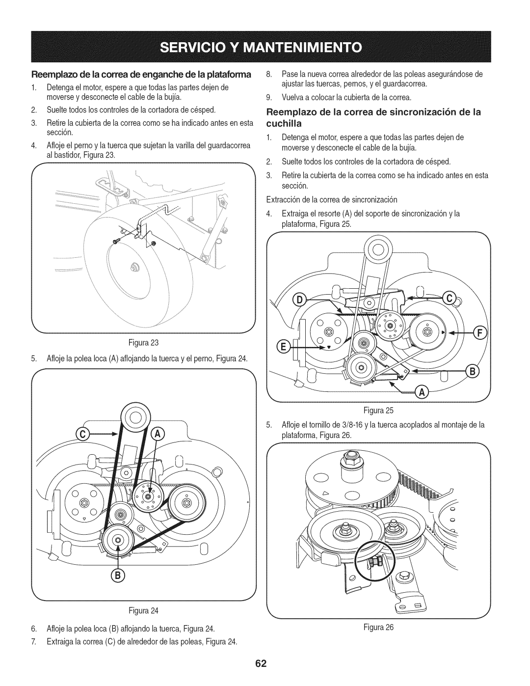 Craftsman 247.887330 manual Reemplazo de la correa de enganche de la plataforma, Cuchilla 