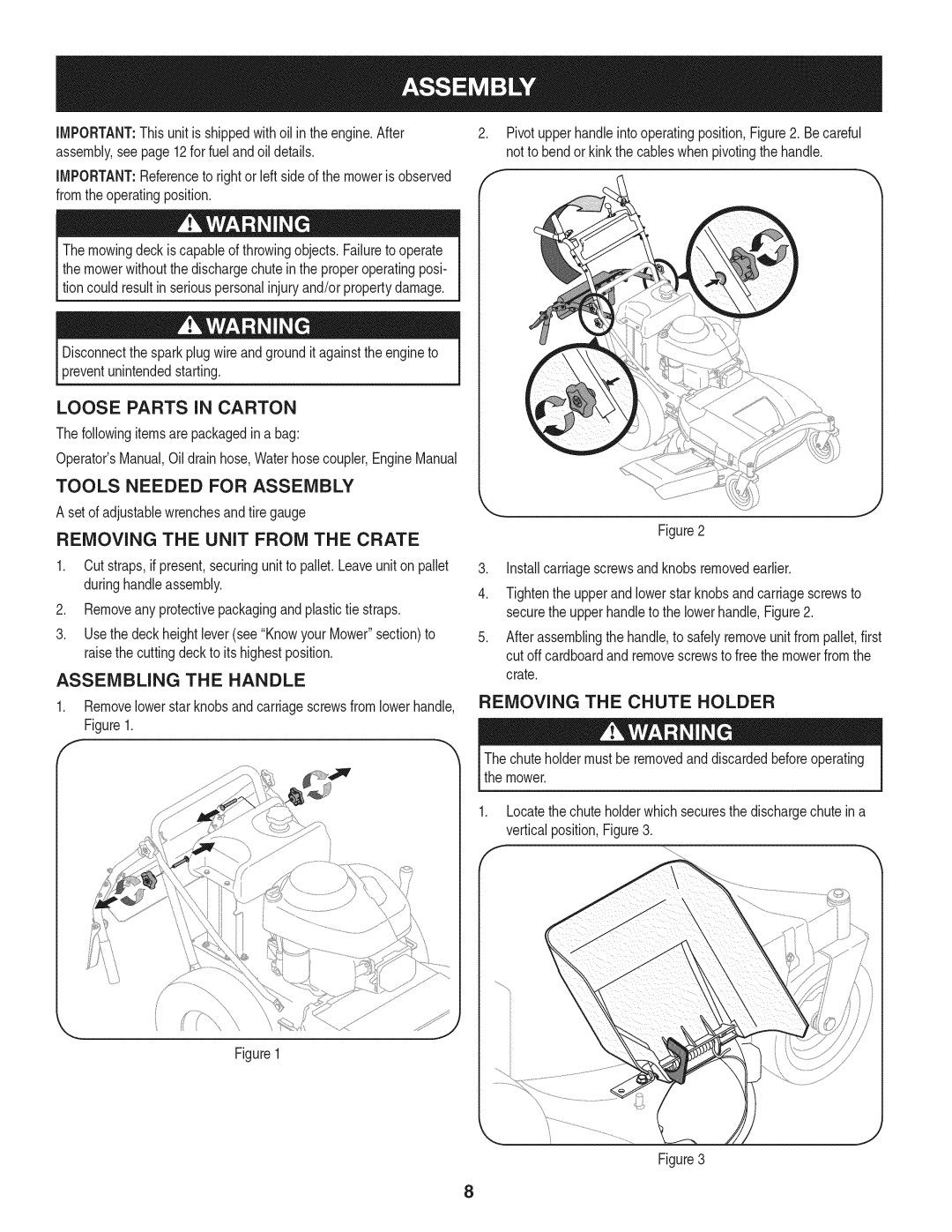 Craftsman 247.887330 manual Loose Parts in Carton, Tools Needed for Assembly, Removing the Unit from the Crate 