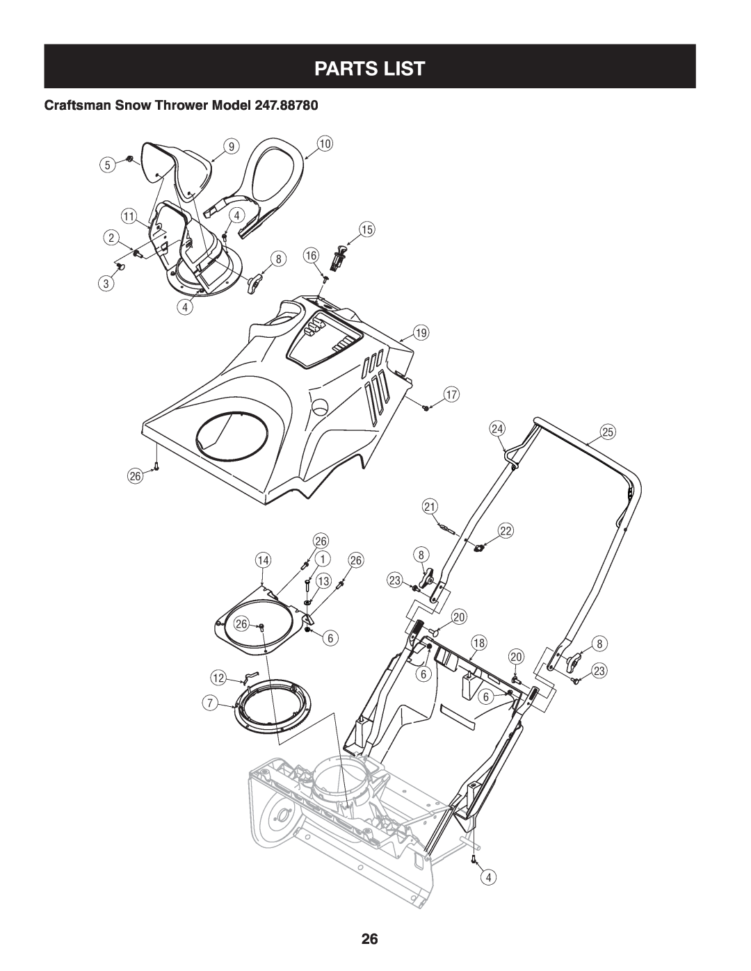 Craftsman 247.8878 manual Parts List, Craftsman Snow Thrower Model 