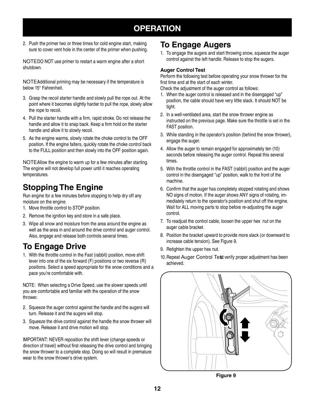 Craftsman 247.8879 manual Stopping The Engine, Auger Control Test 