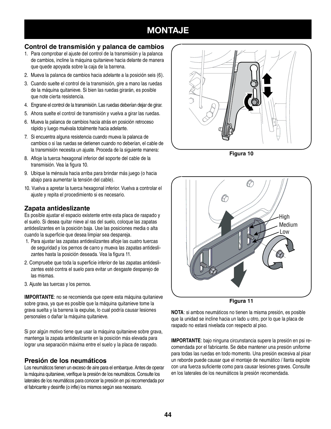 Craftsman 247.8879 manual Control de transmisión y palanca de cambios, Zapata antideslizante, Presión de los neumáticos 