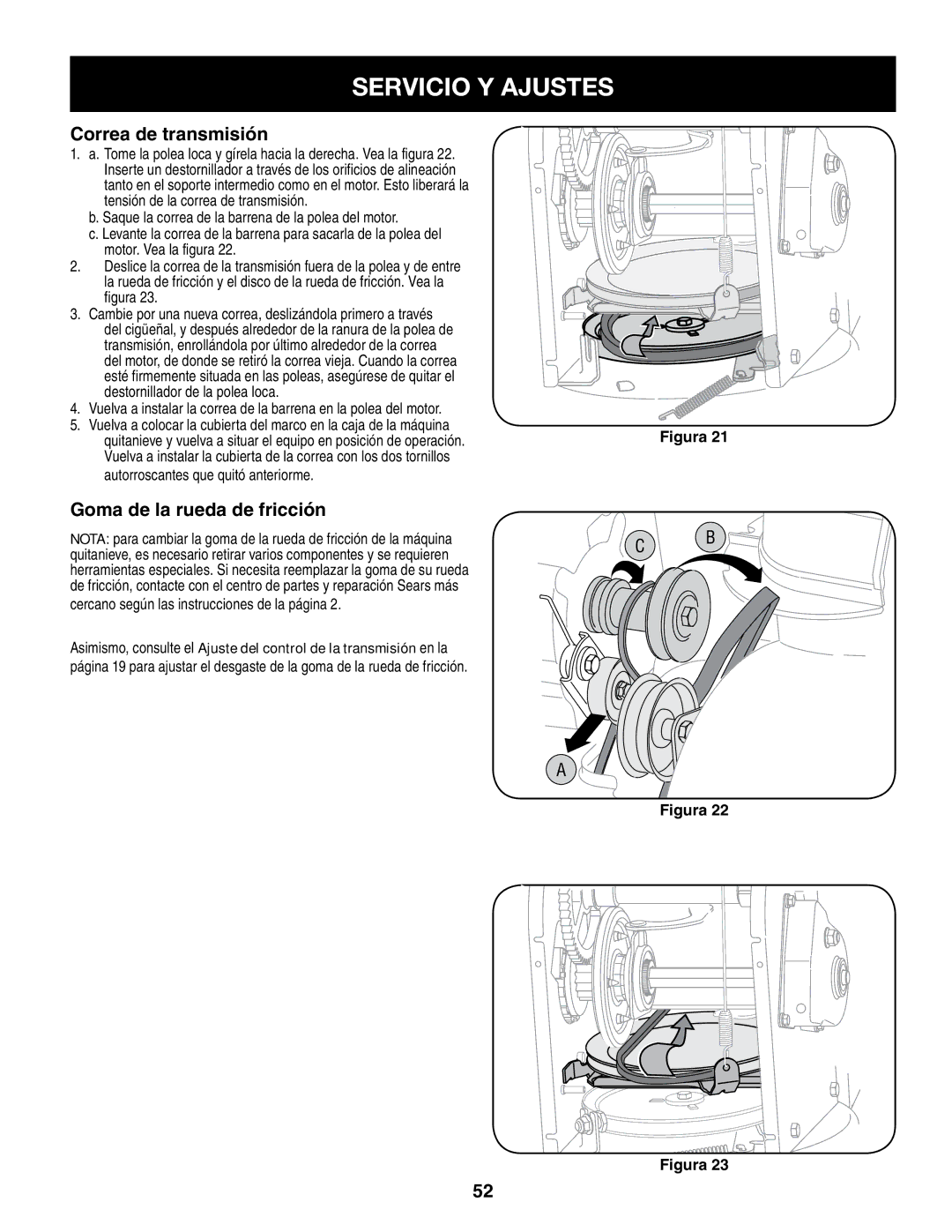 Craftsman 247.8879 manual Correa de transmisión, Goma de la rueda de fricción, Cercano según las instrucciones de la página 