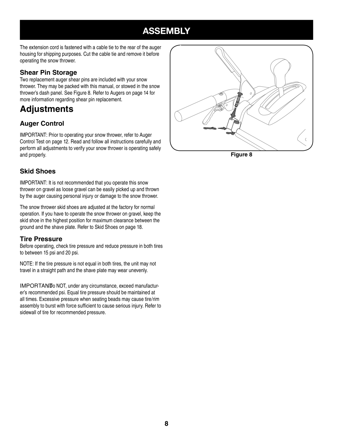 Craftsman 247.8879 manual Shear Pin Storage, Auger Control, Skid Shoes, Tire Pressure 