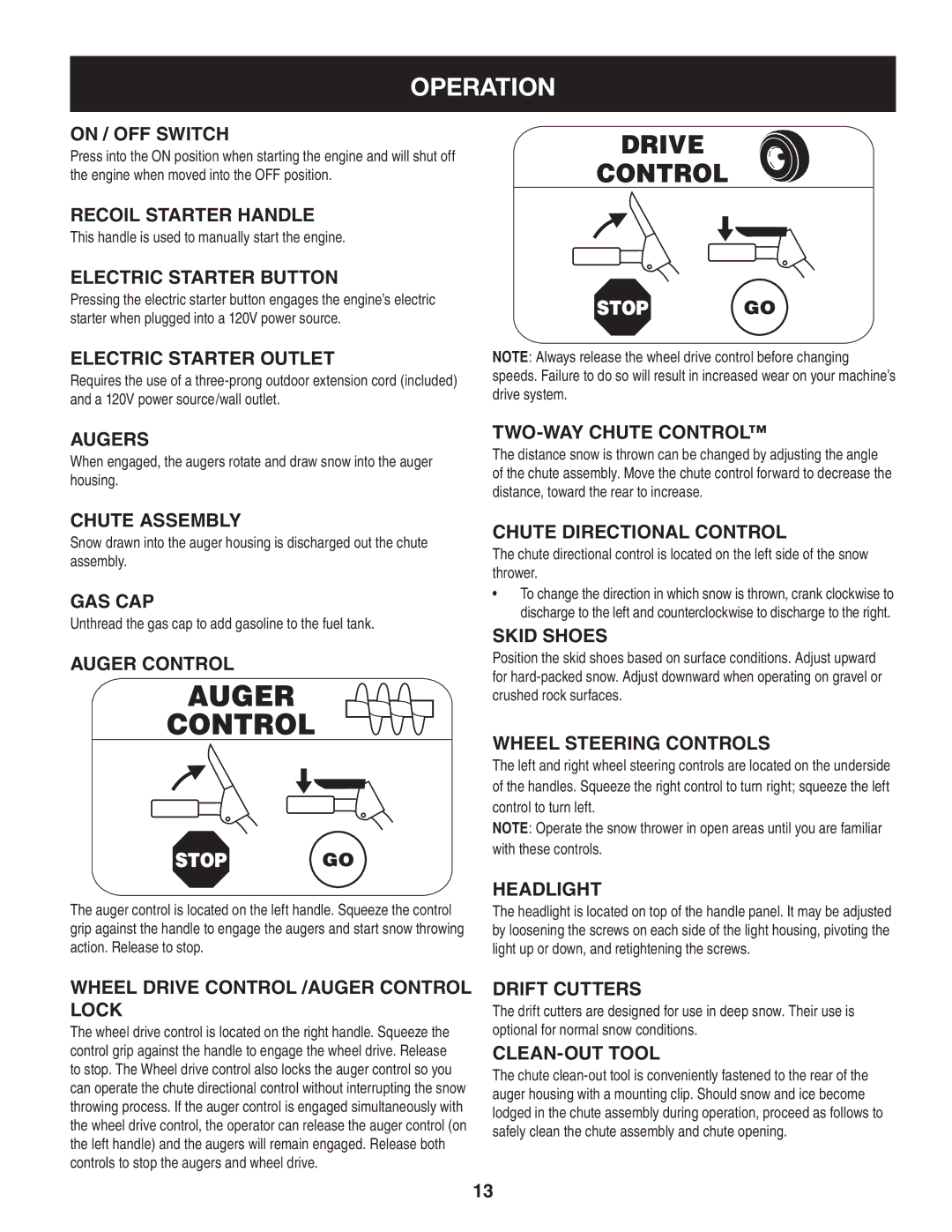 Craftsman 247.88833 manual On / Off switch, Recoil Starter Handle, Electric Starter Button, Electric Starter Outlet, Augers 