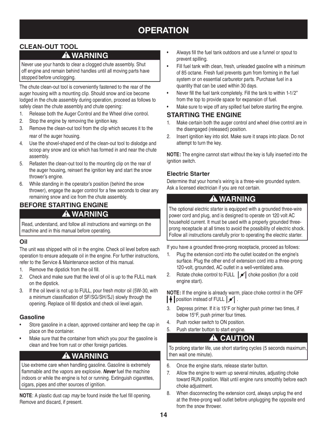 Craftsman 247.88833 manual Before Starting Engine, Starting The Engine, Oil, Gasoline, Electric Starter 