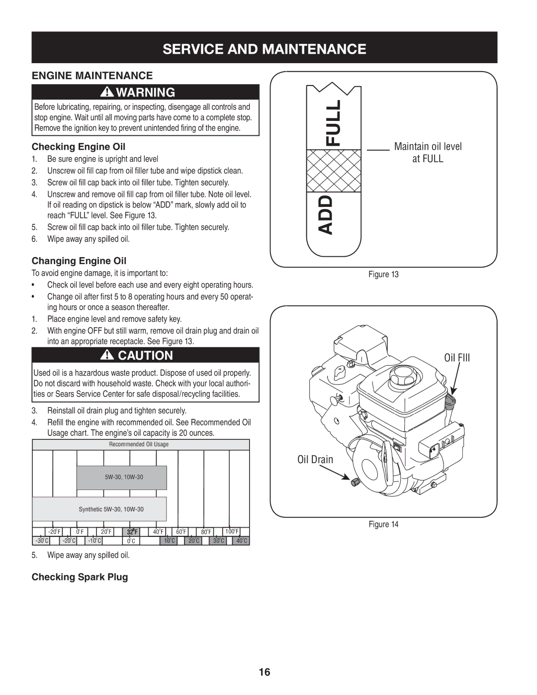 Craftsman 247.88833 manual Service and Maintenance, Checking Engine Oil, Changing Engine Oil, Checking Spark Plug 