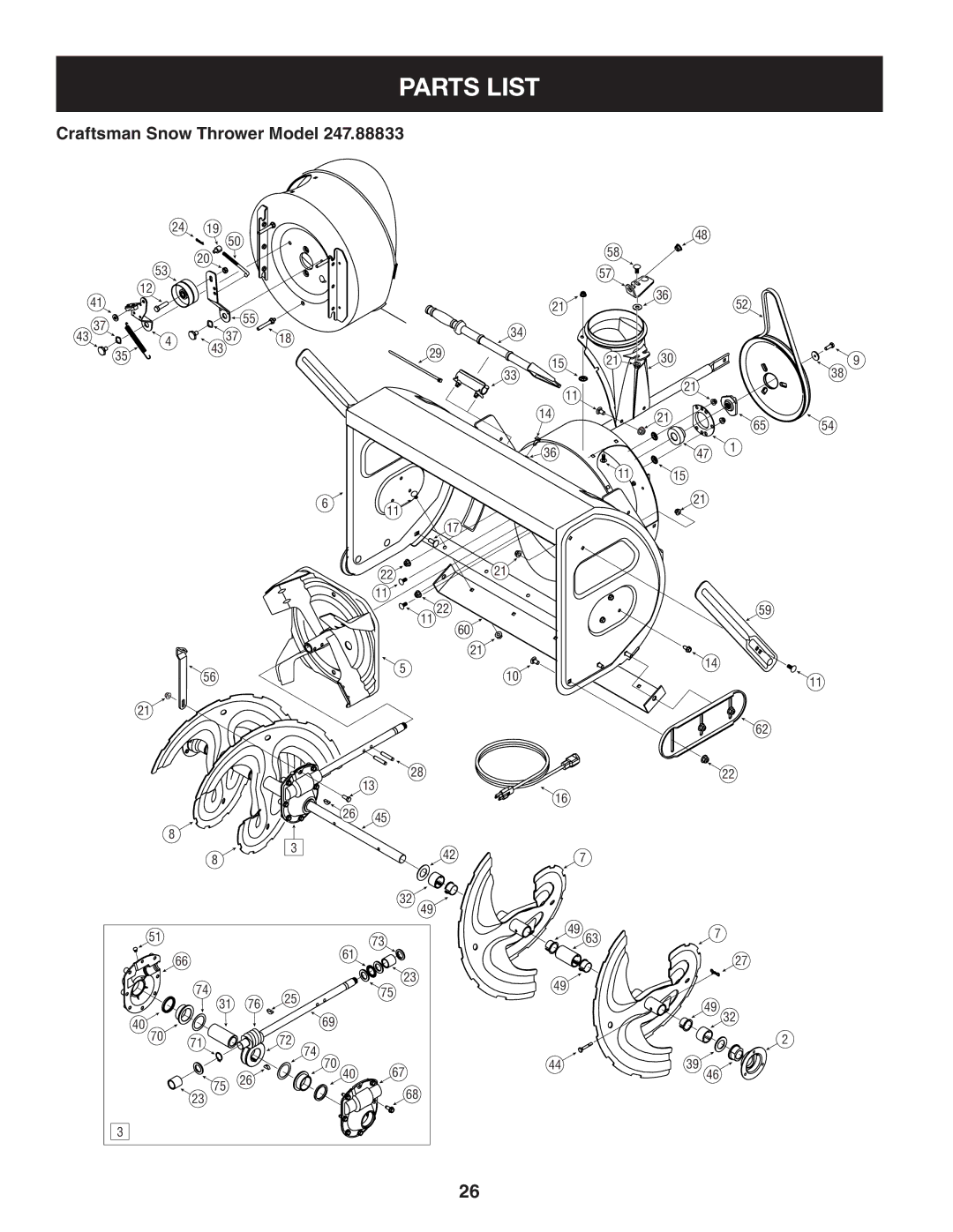 Craftsman 247.88833 manual Parts List, Craftsman Snow Thrower Model 